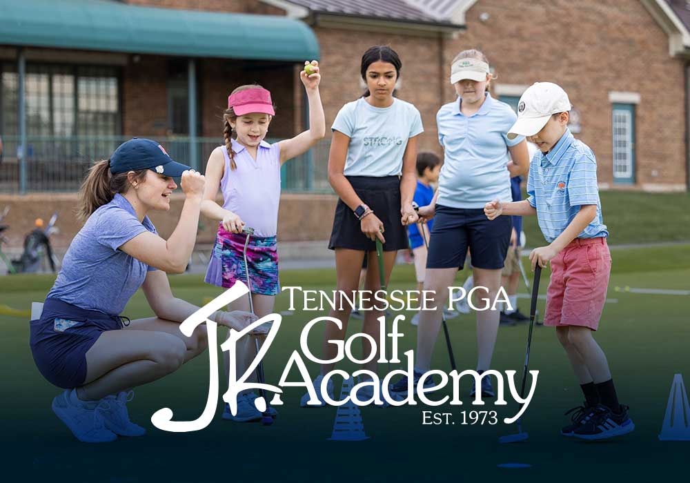 Kids with instructor for TPGA Jr. Golf Academy and logo overlay.