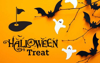 Halloween Treat type and ghost and bet graphics on orange background.